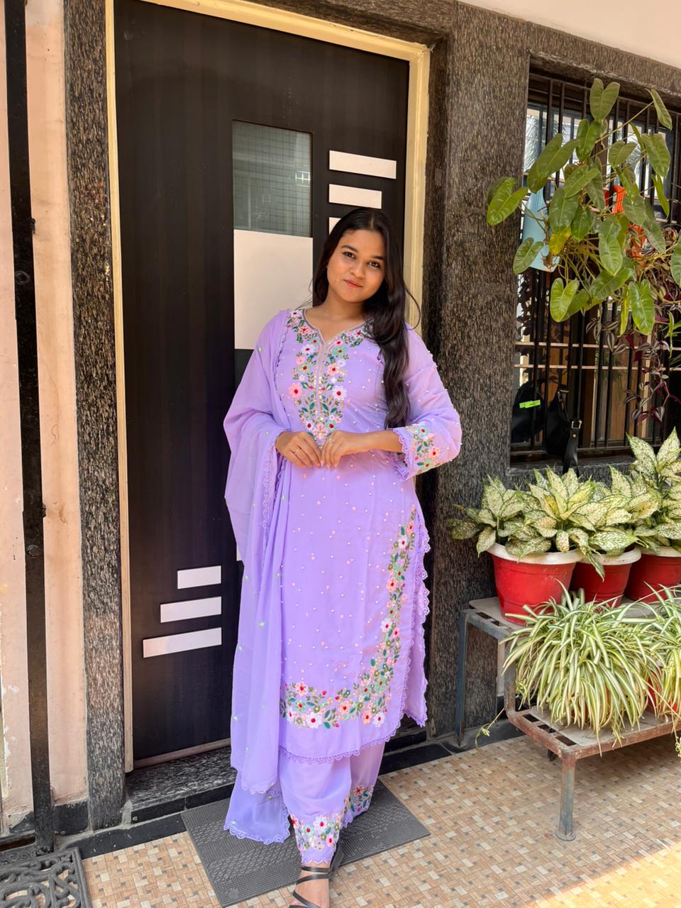 Lavender Georgette Embroidered Kurti Pant dupatta Set