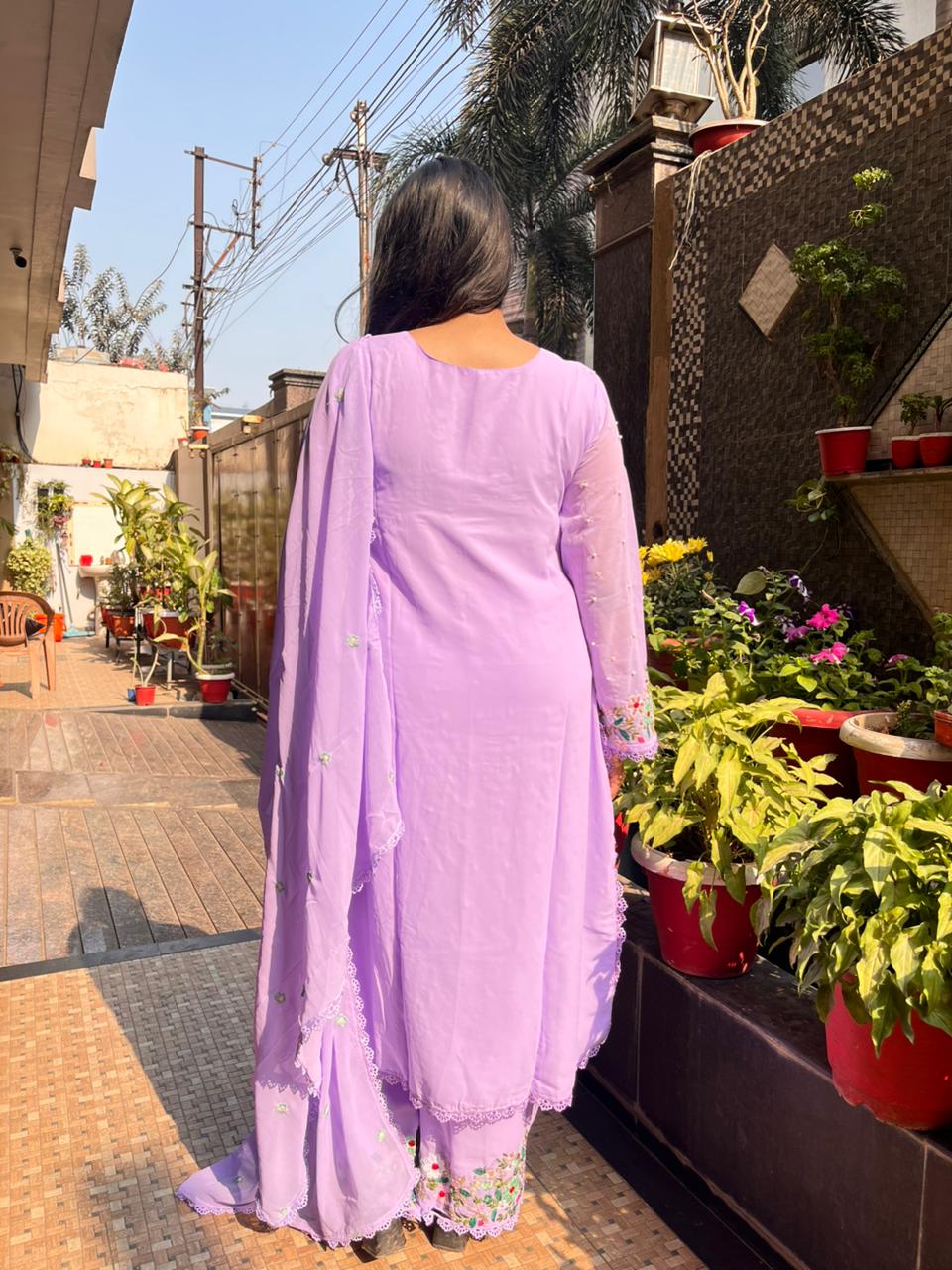 Lavender Georgette Embroidered Kurti Pant dupatta Set