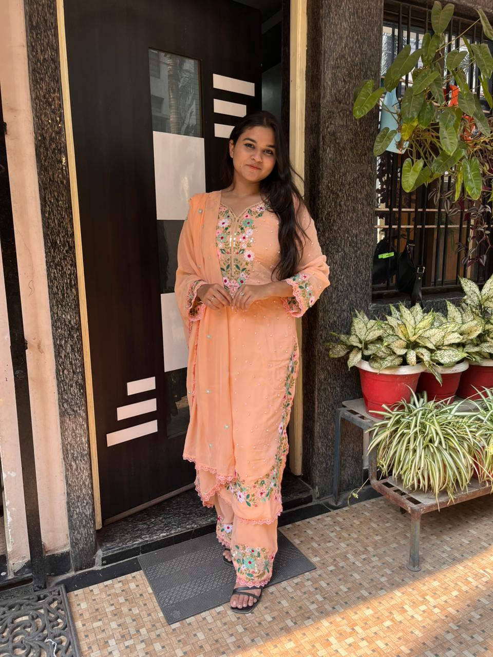 Peach Georgette Embroidered Kurti pant & Dupatta set