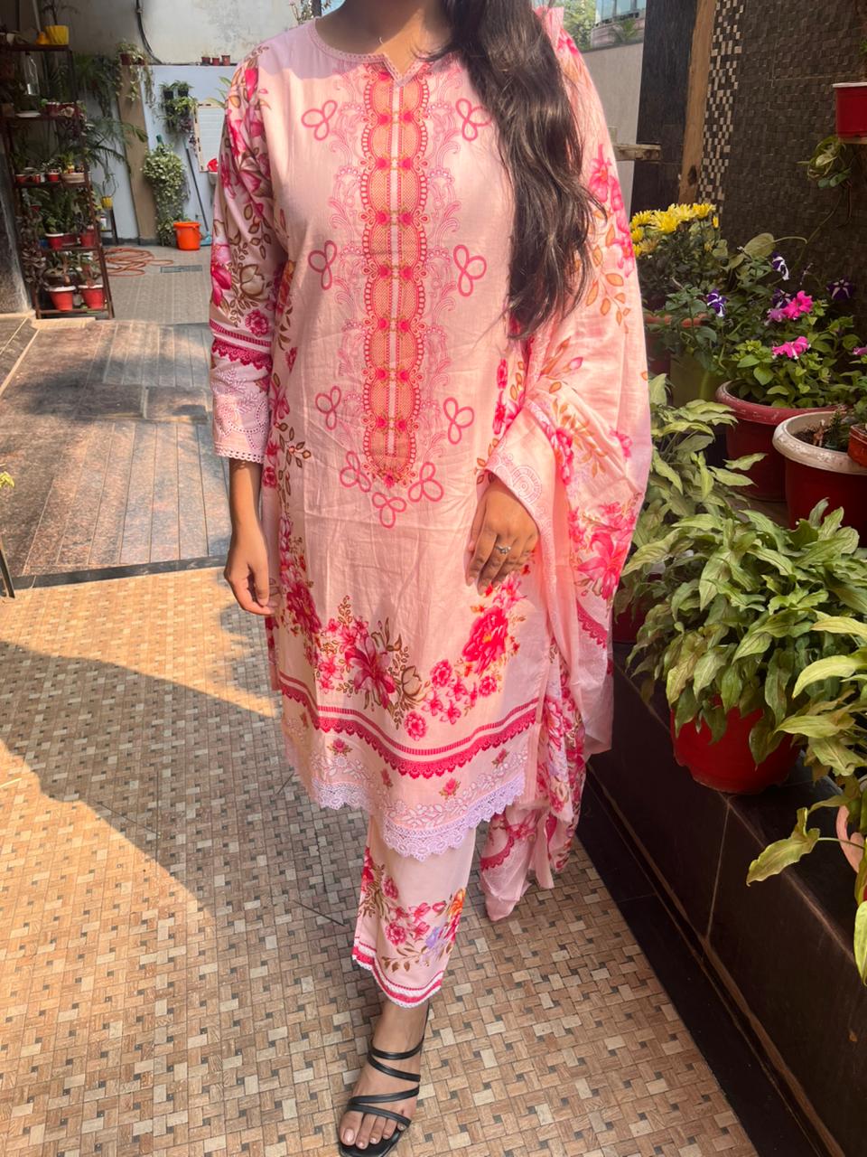 pink pakistani Floral   cotton kurti  set