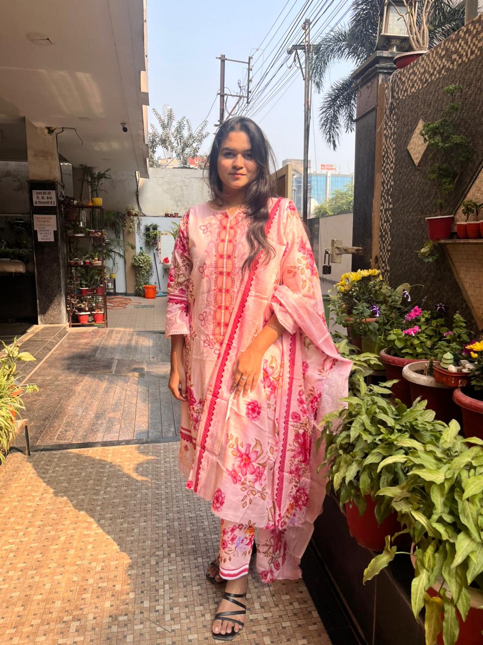 pink pakistani Floral   cotton kurti  set