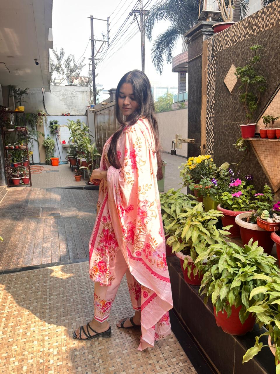 pink pakistani Floral   cotton kurti  set