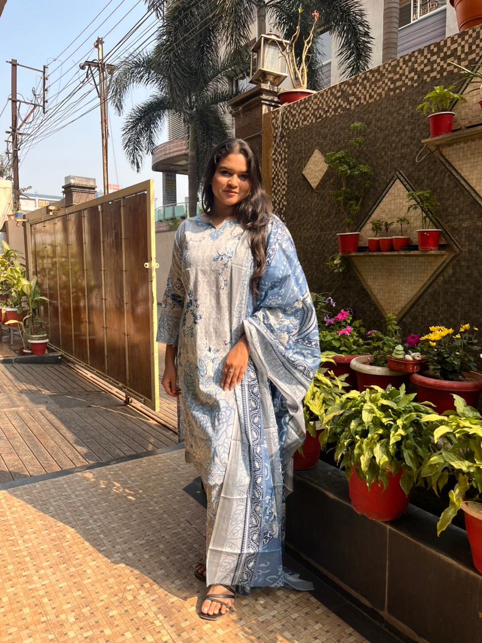 Steel Blue Floral Cotton Printed Suit Set