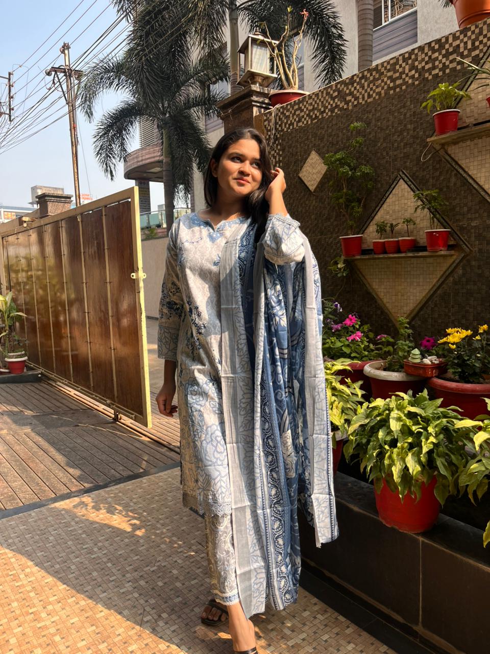 Steel Blue Floral Cotton Printed Suit Set