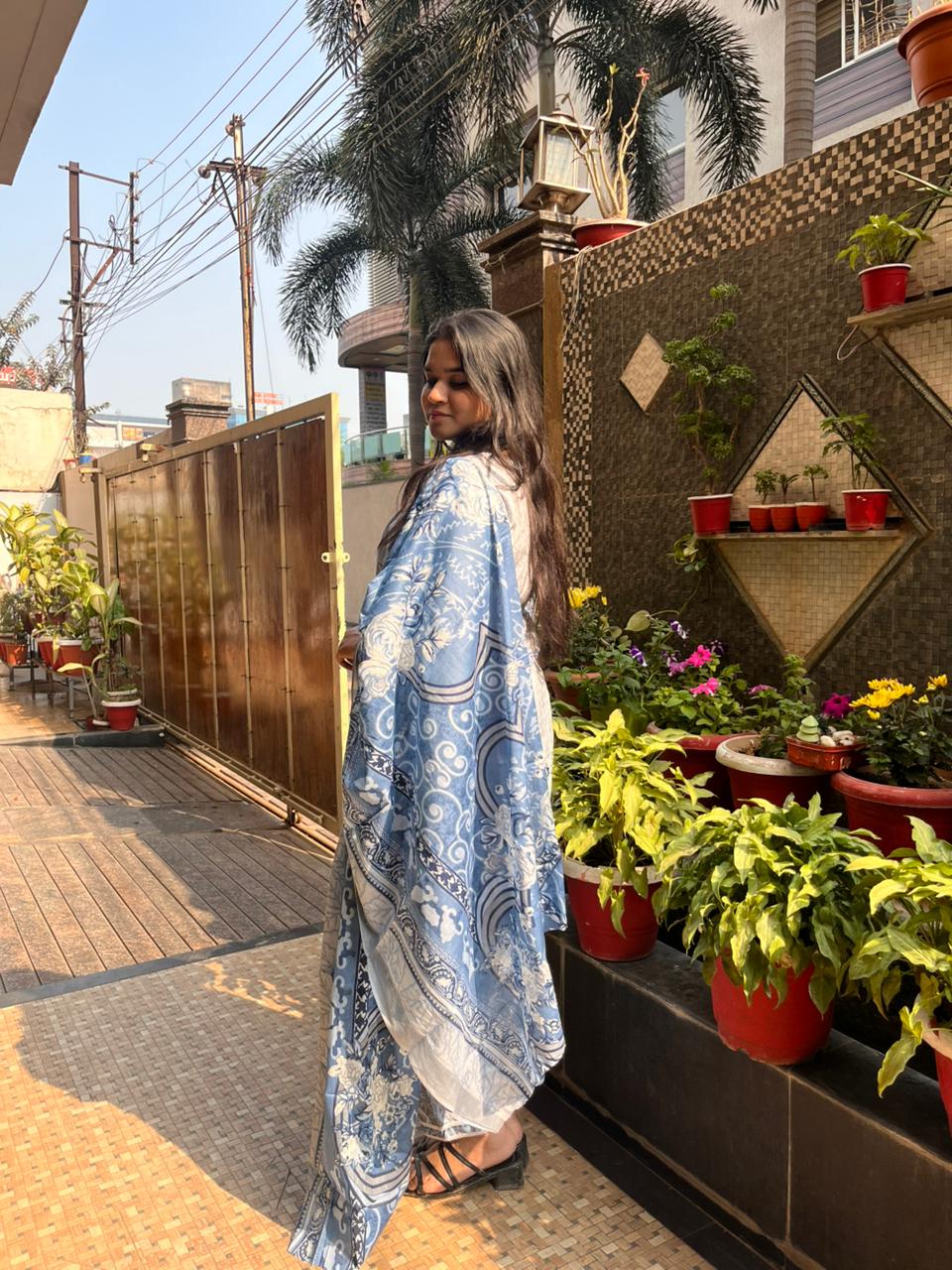Steel Blue Floral Cotton Printed Suit Set