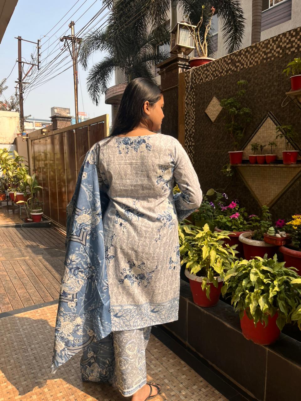 Steel Blue Floral Cotton Printed Suit Set