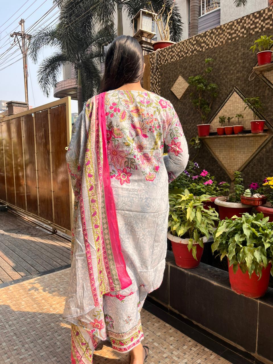 Misty Grey Floral Cotton Printed Suit Set