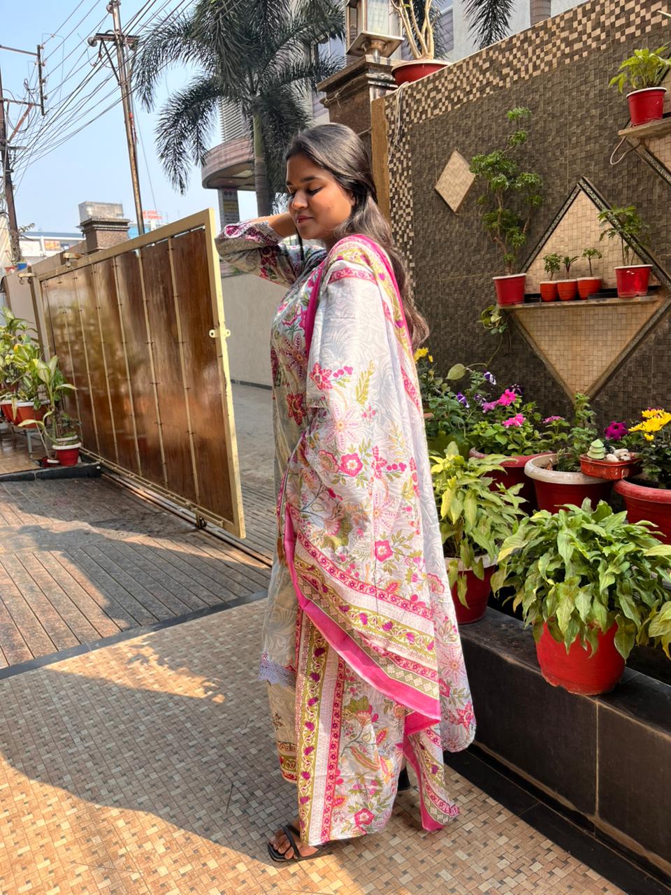 Misty Grey Floral Cotton Printed Suit Set