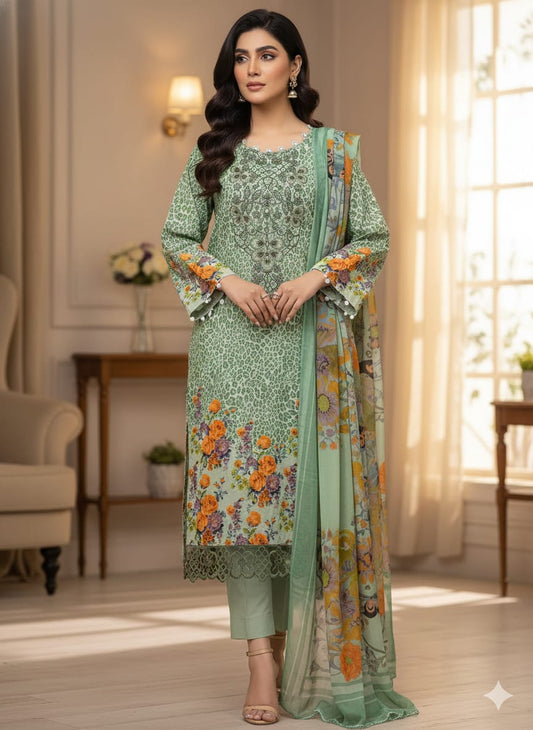 Green Embroidered Pakistani Lawn Suit with Chiffon Dupatta