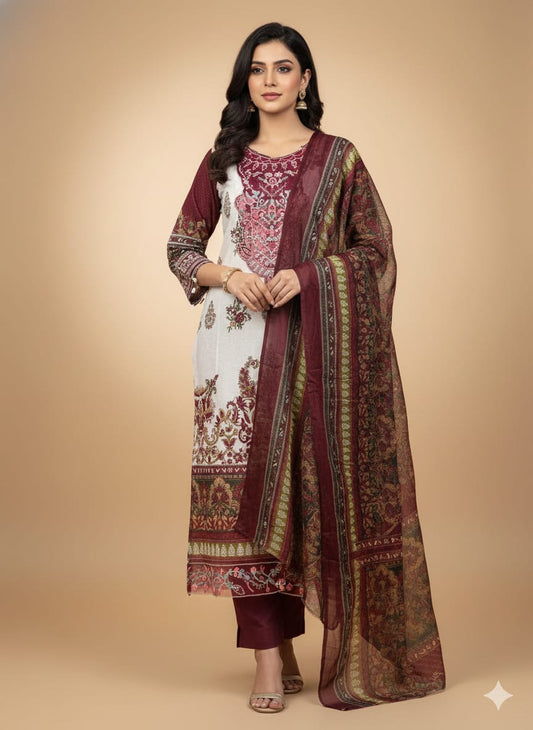 ✨ White & Maroon Embroidered Lawn Suit ✨