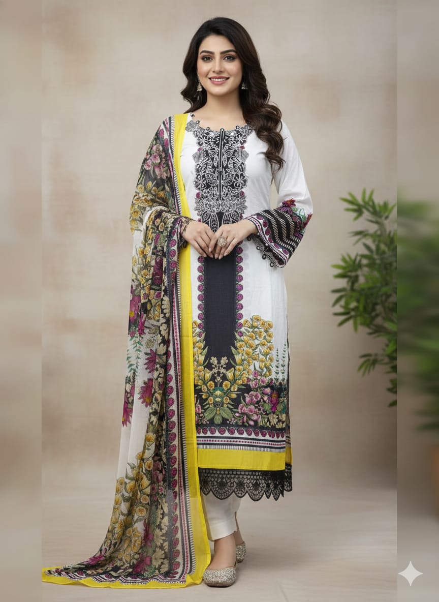 JAZMIN Heavy Patch Work Suit – white flower Design