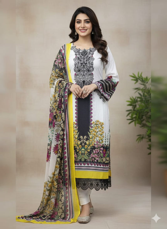 White & Black Embroidered Pakistani Lawn Suit