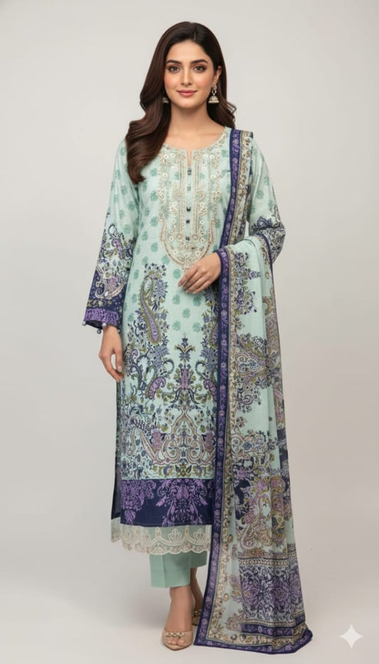 Green Multicolour Embroidered Pakistani Suit Chiffon Dupatta