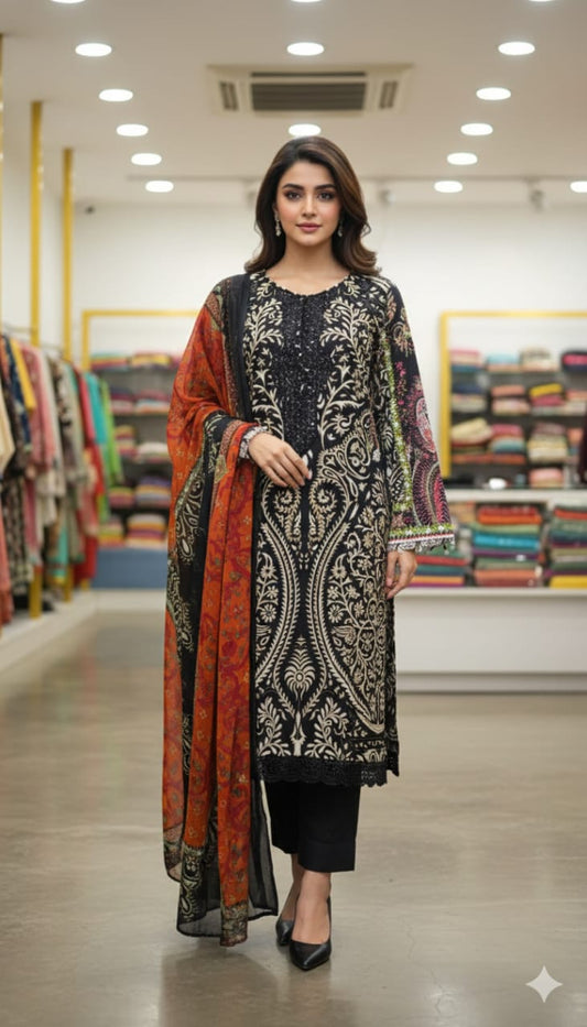 Black Embroidered Floral Lawn Suit