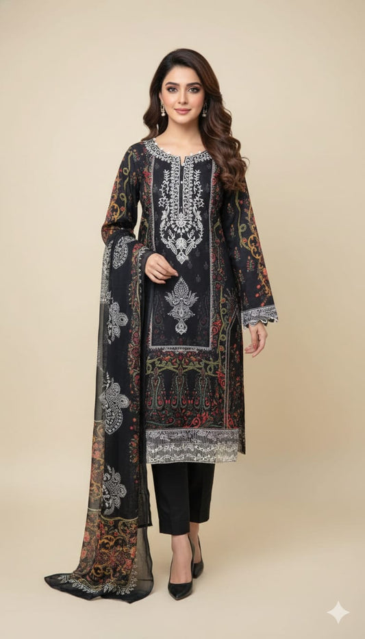 Black Embroidered Pakistani Lawn Suit