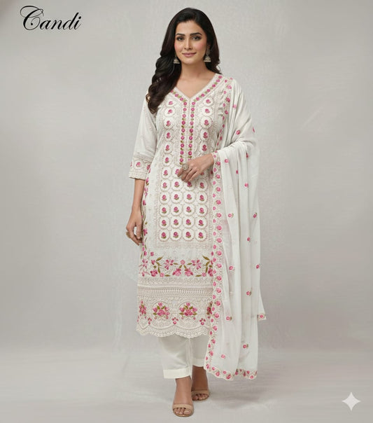 White Chikankari Work Unstitched Suit Set 🌸