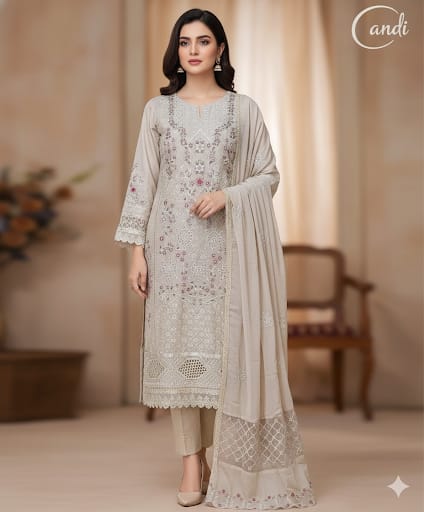 Light Grey Chikankari Work Unstitched Suit Set 🌸
