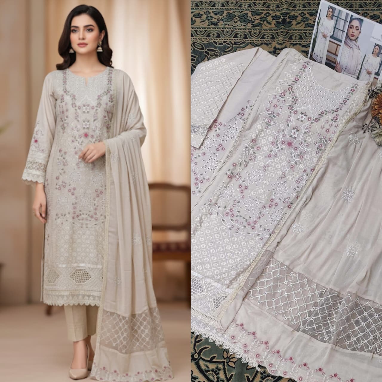 Light Grey Chikankari Work Unstitched Suit Set 🌸