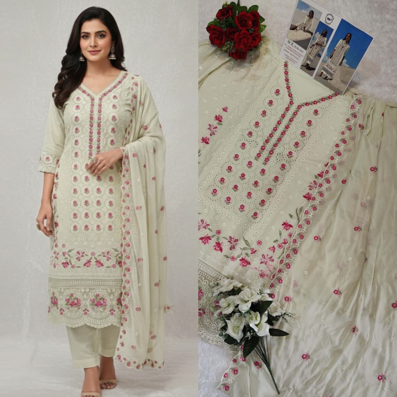 Light Pista Green Chikankari Unstitched Suit Set 🌸