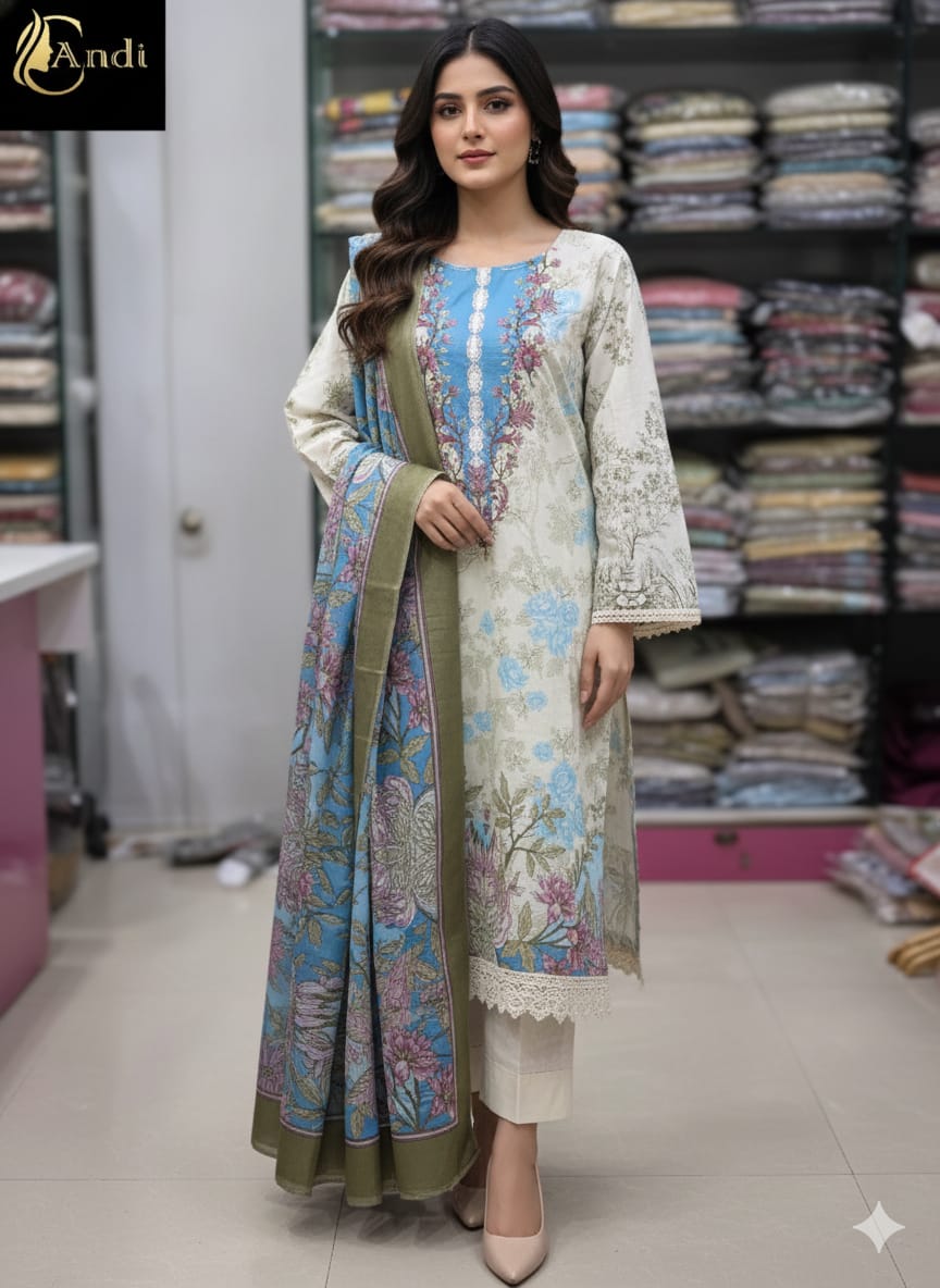 Cream & Sky Blue  Cotton Embroidered Dupatta Set