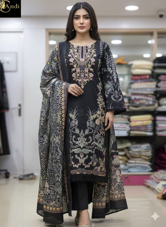 black Cotton  Pakistani embroidered Dupatta set