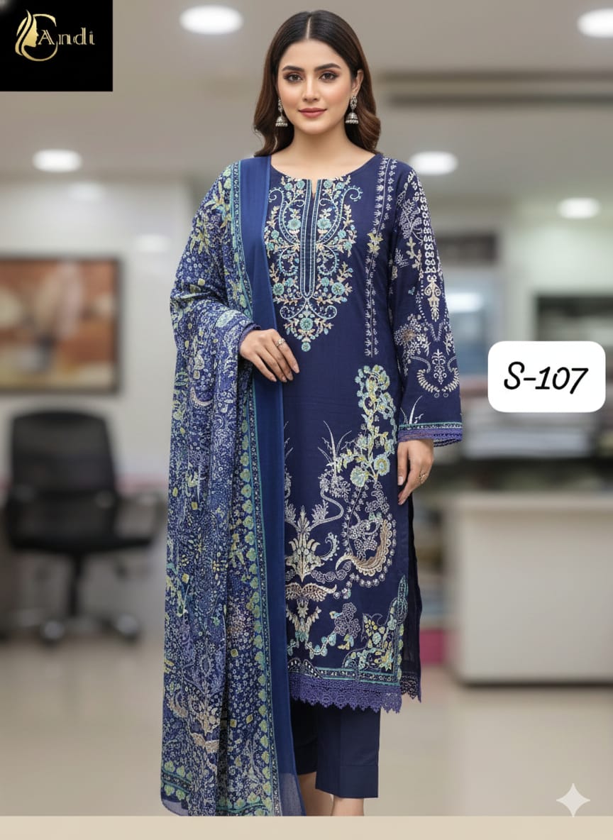 Navy Blue  Cotton Embroidered Cotton Dupatta Set