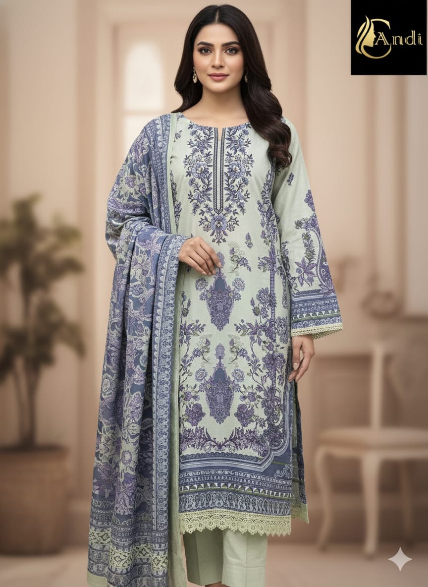 Light Green Embroidery cotton dupatta set