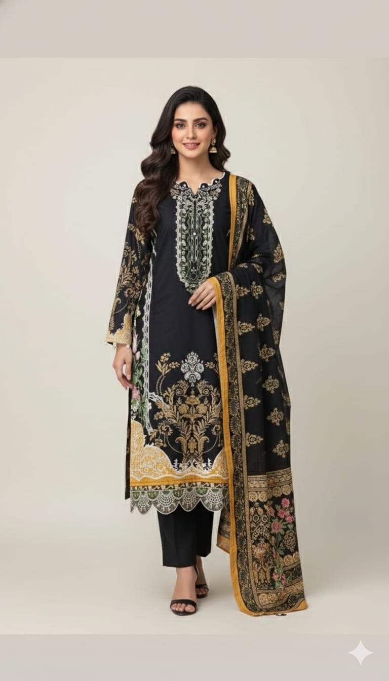 Black & Yellow Embroidered Pakistani Lawn Suit