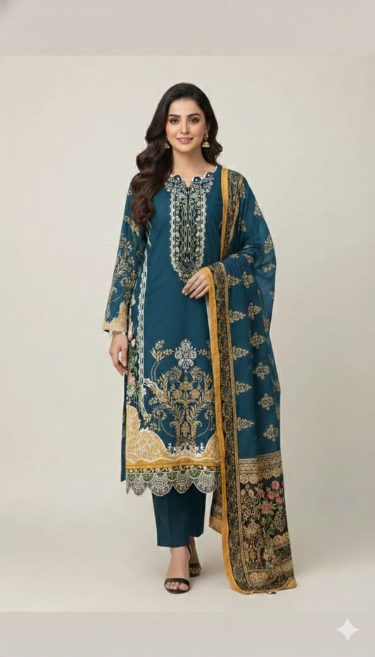 Royal Blue Heavy Embroidery Cotton Suit Set