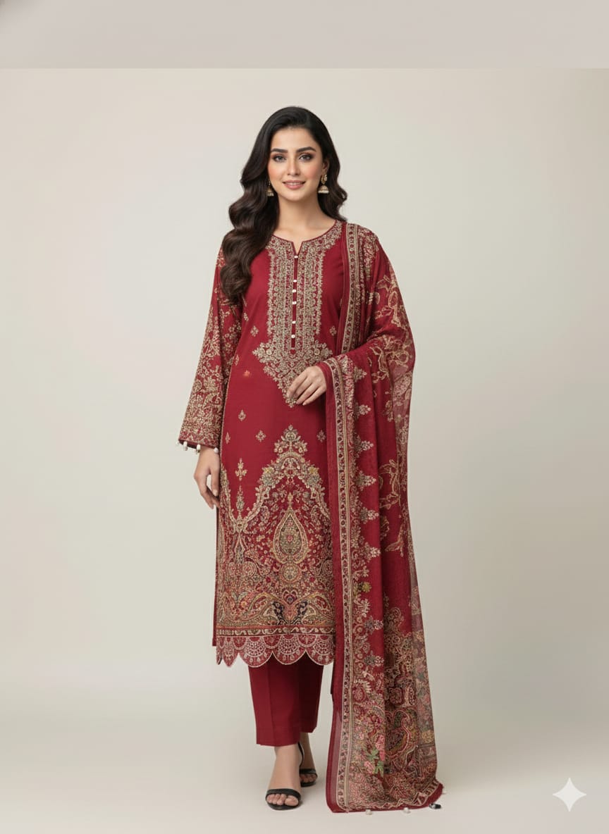 Ruby Red Heavy Embroidery Cotton Suit Set