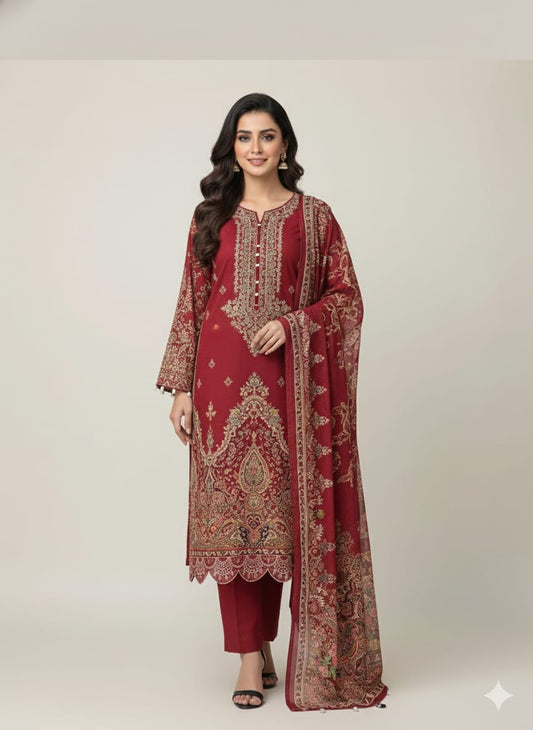 Ruby Red Heavy Embroidery Cotton Suit Set