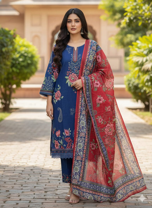 Royal Blue Cotton lawn  Printed Suit Set