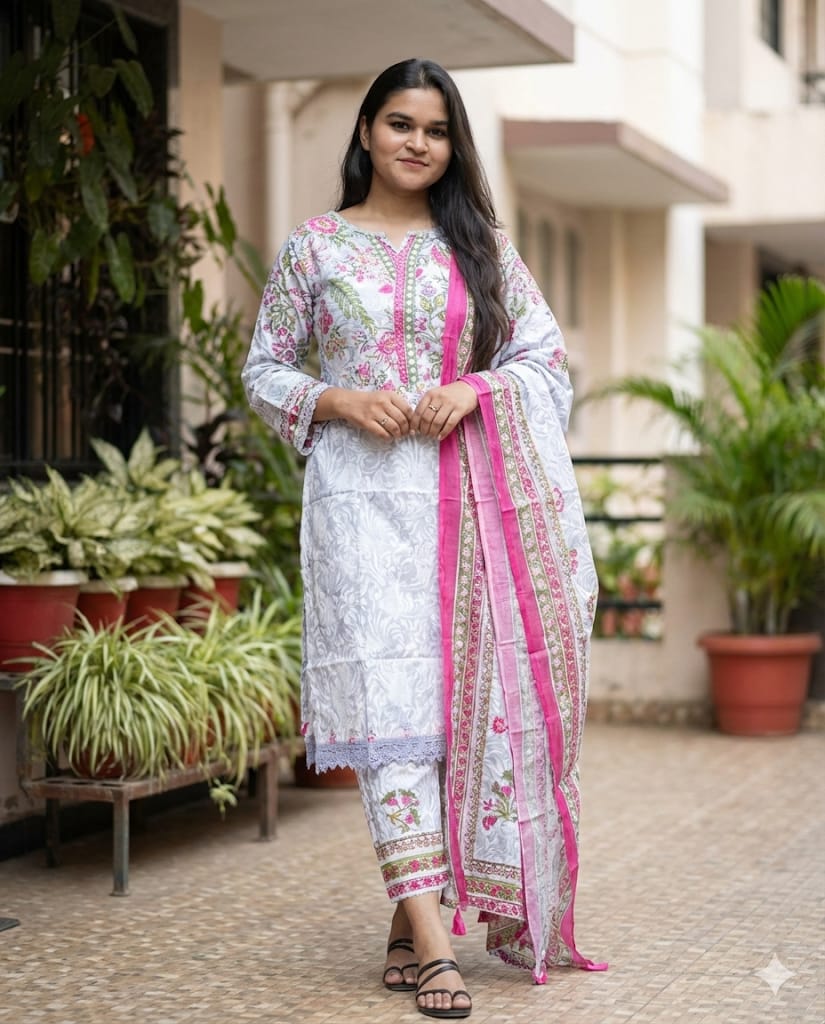 Misty Grey Floral Cotton Printed Suit Set