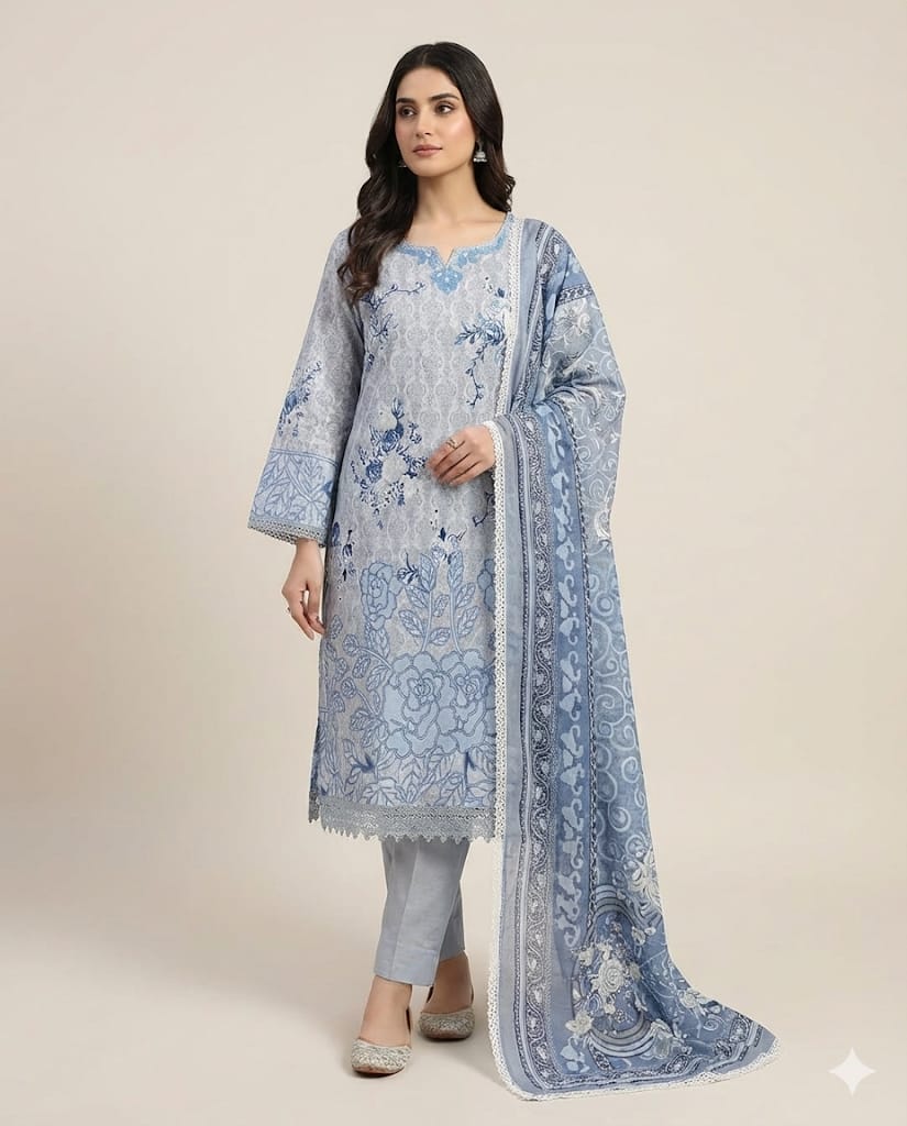 Steel Blue Floral Cotton Printed Suit Set