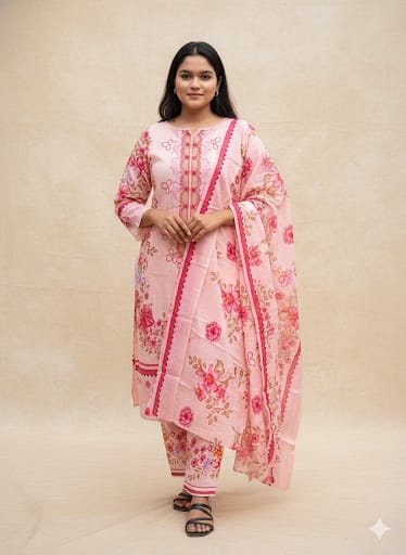 pink pakistani Floral   cotton kurti  set