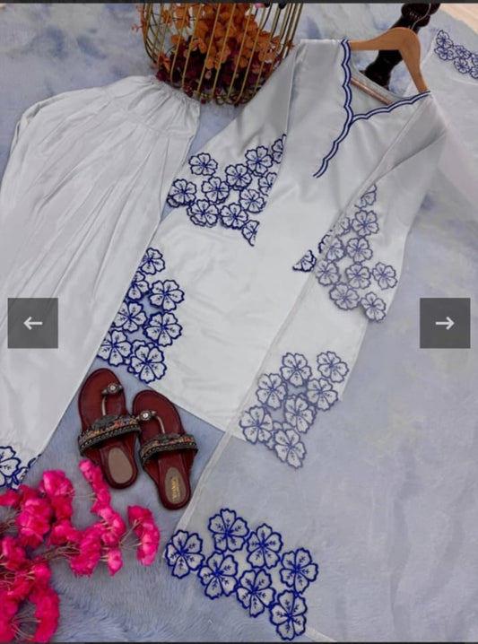 White & Blue Floral Embroidered  Farsi Salwar Suit