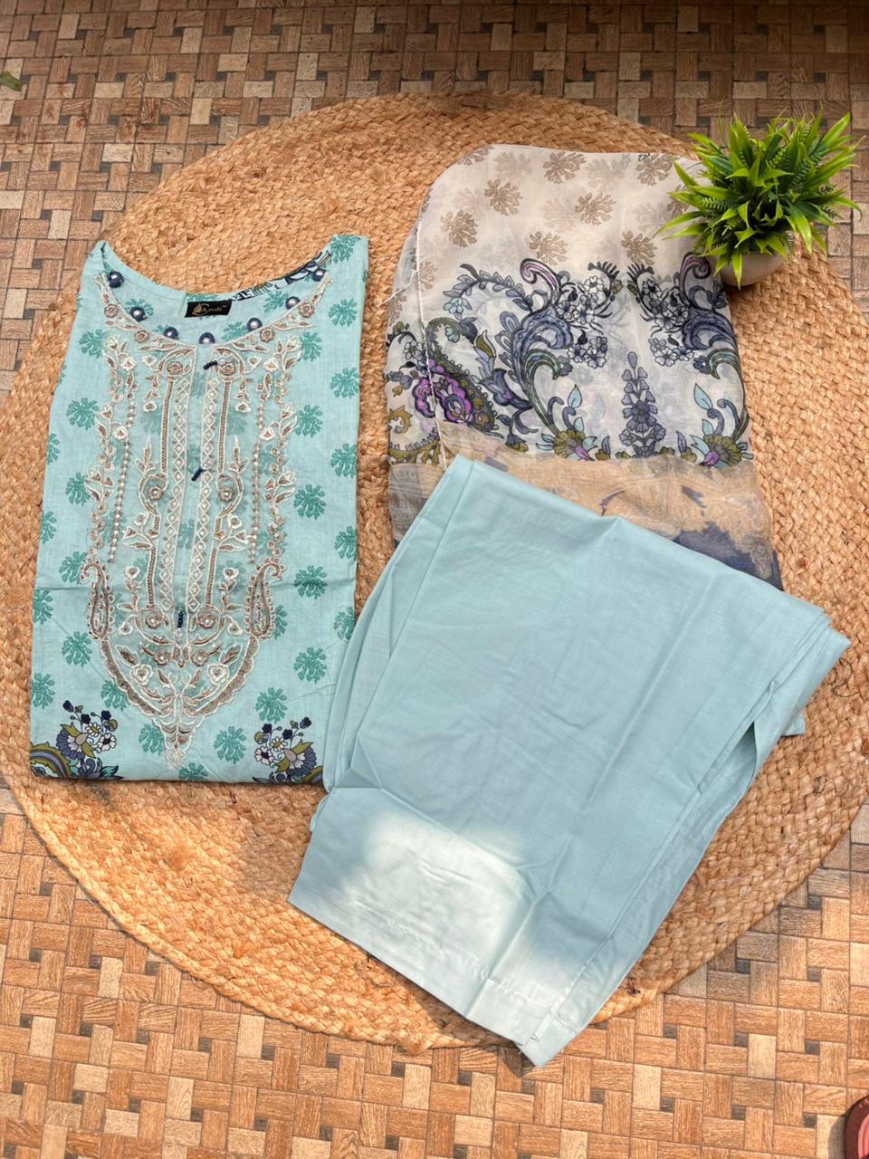 JAZMIN Heavy Patch Work Suit –sea Blue Design
