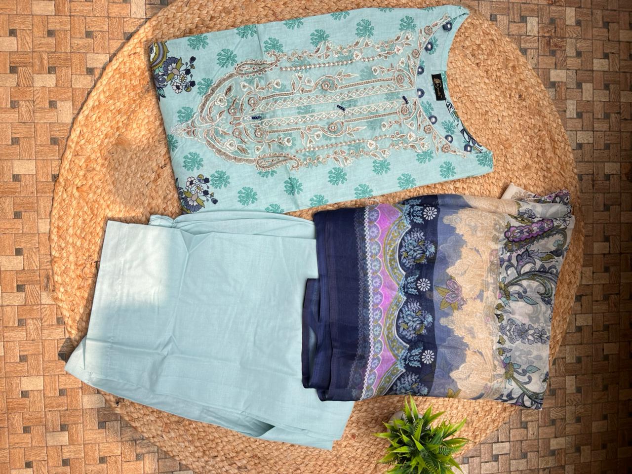 JAZMIN Heavy Patch Work Suit –sea Blue Design