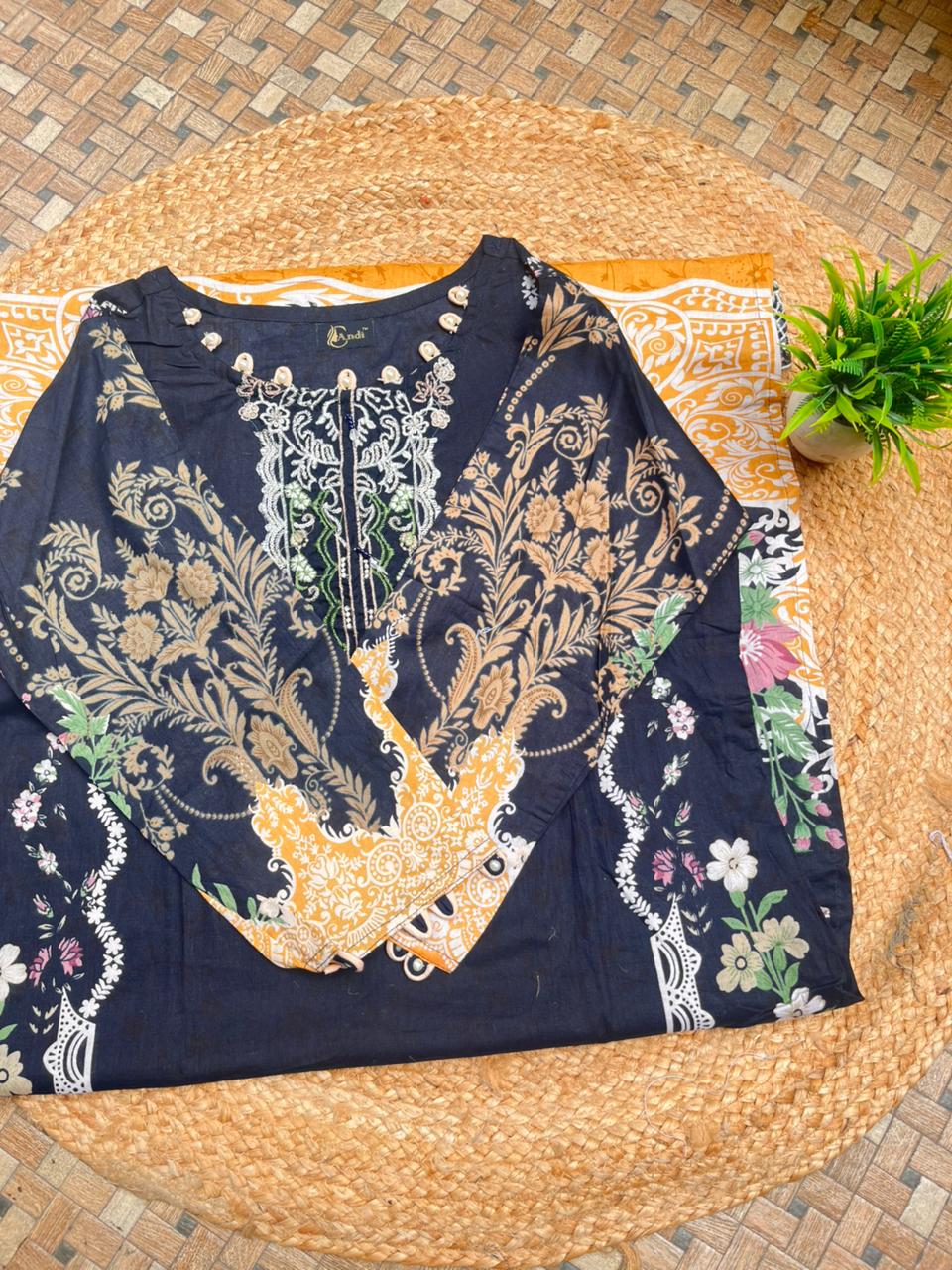 Black & Yellow Embroidered Pakistani Lawn Suit