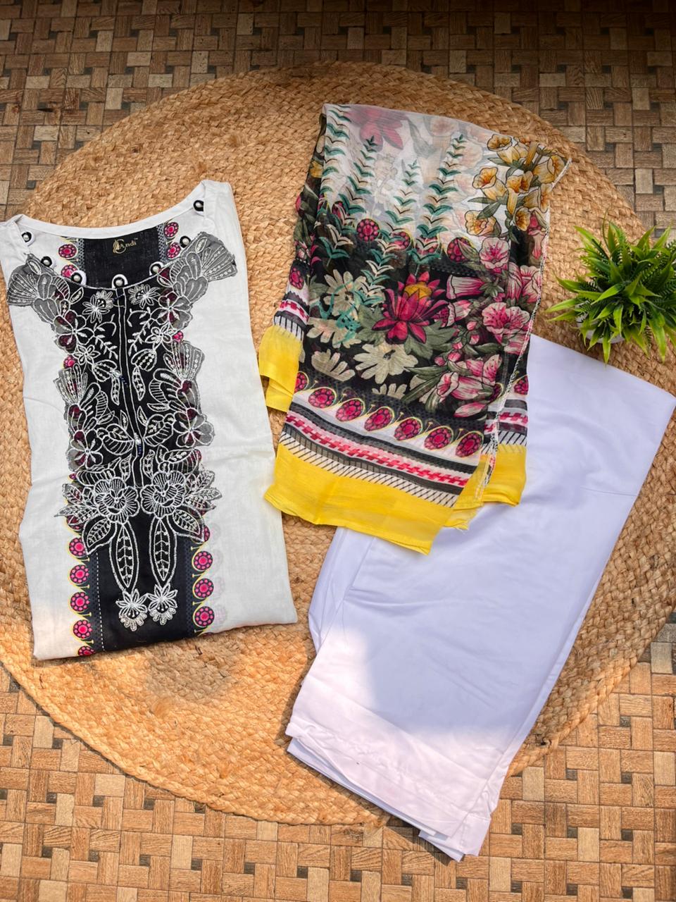 JAZMIN Heavy Patch Work Suit – white flower Design