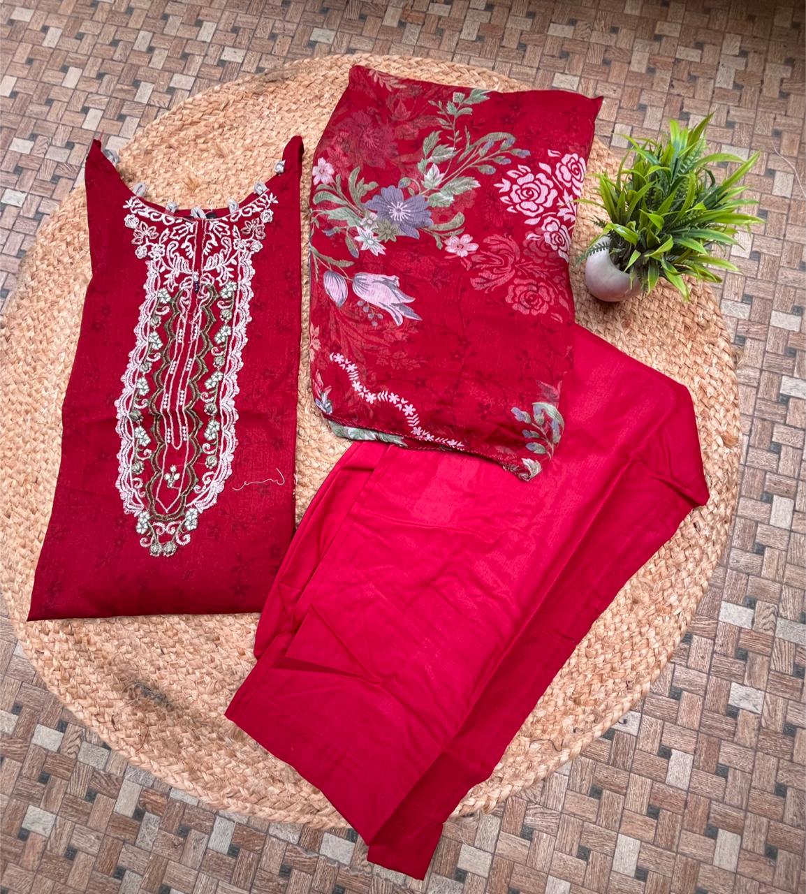 Red Embroidered Pakistani Lawn Suit