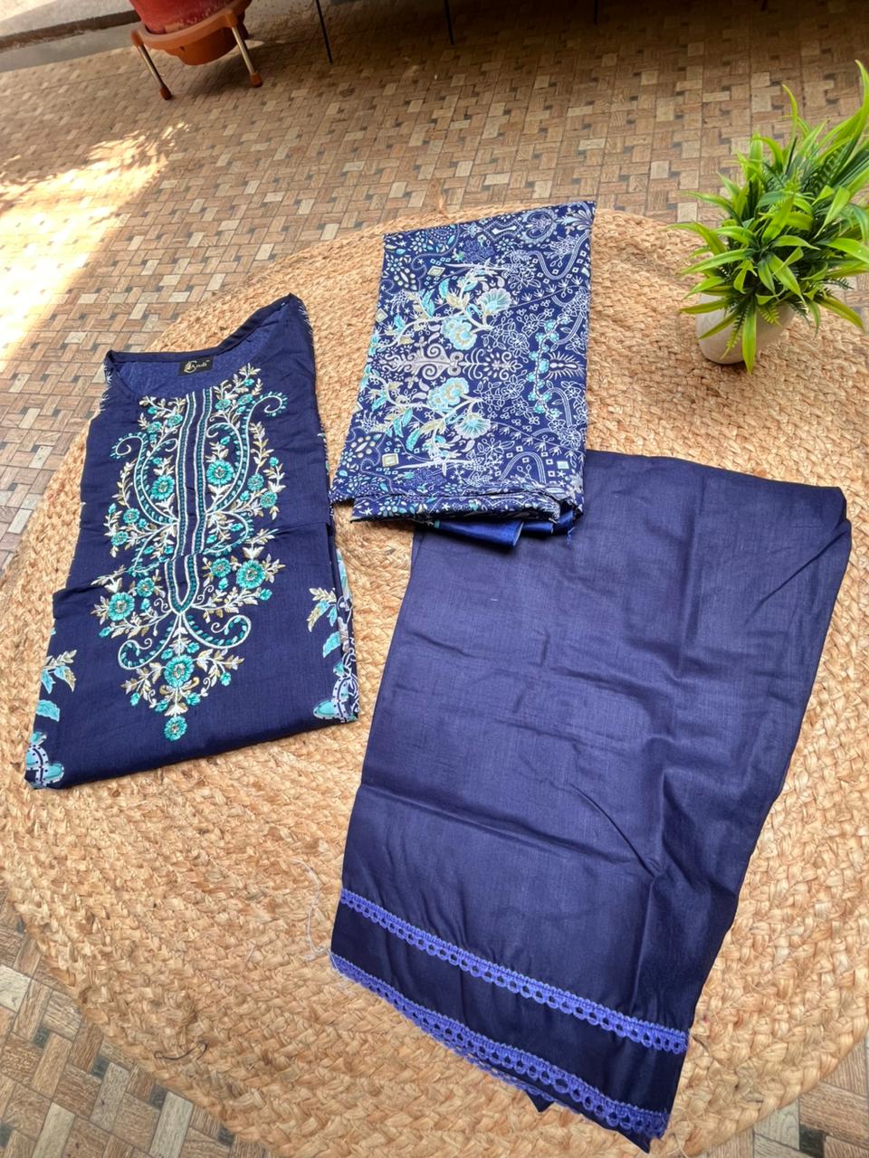 Navy Blue  Cotton Embroidered Cotton Dupatta Set