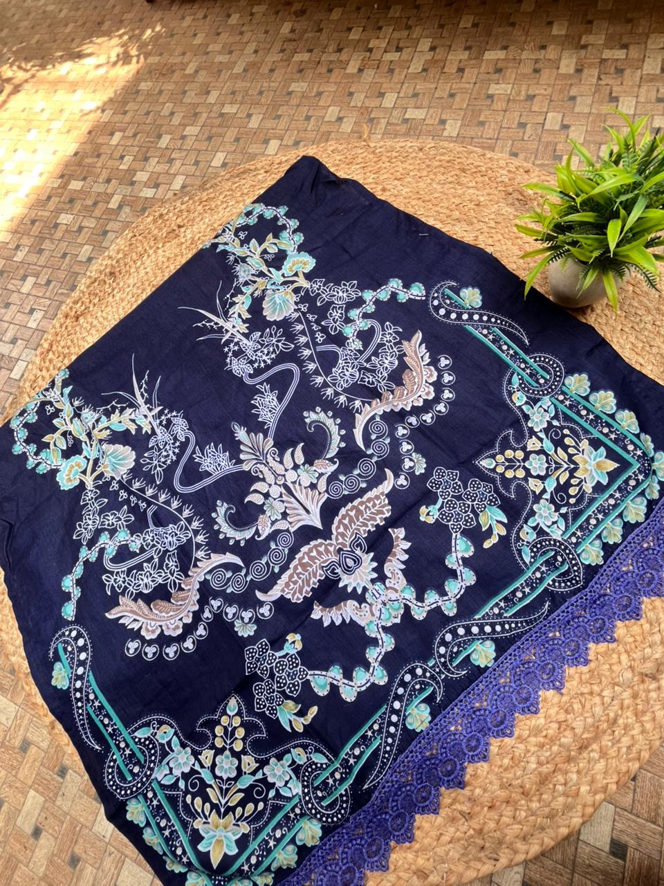 Navy Blue  Cotton Embroidered Cotton Dupatta Set