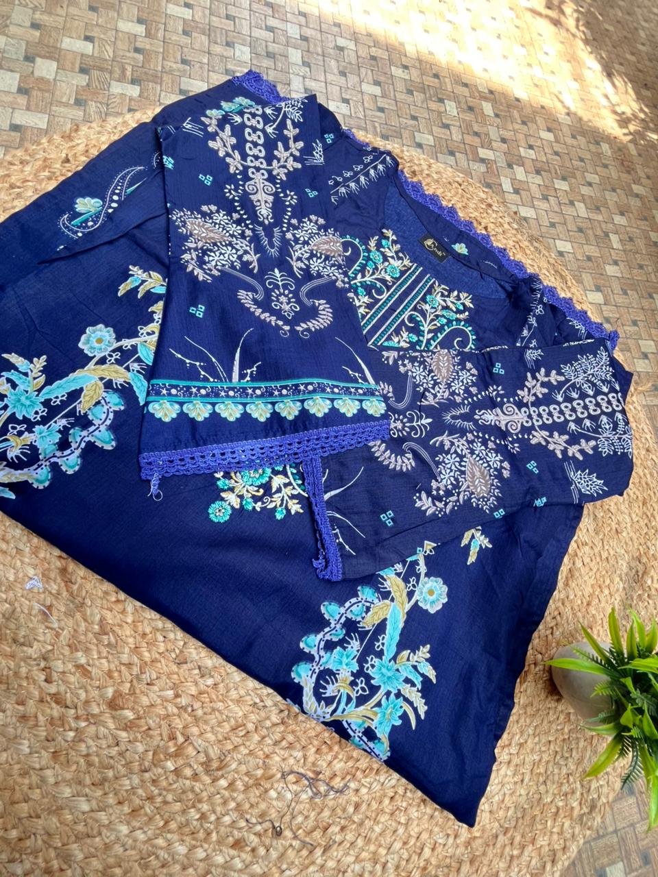 Navy Blue  Cotton Embroidered Cotton Dupatta Set