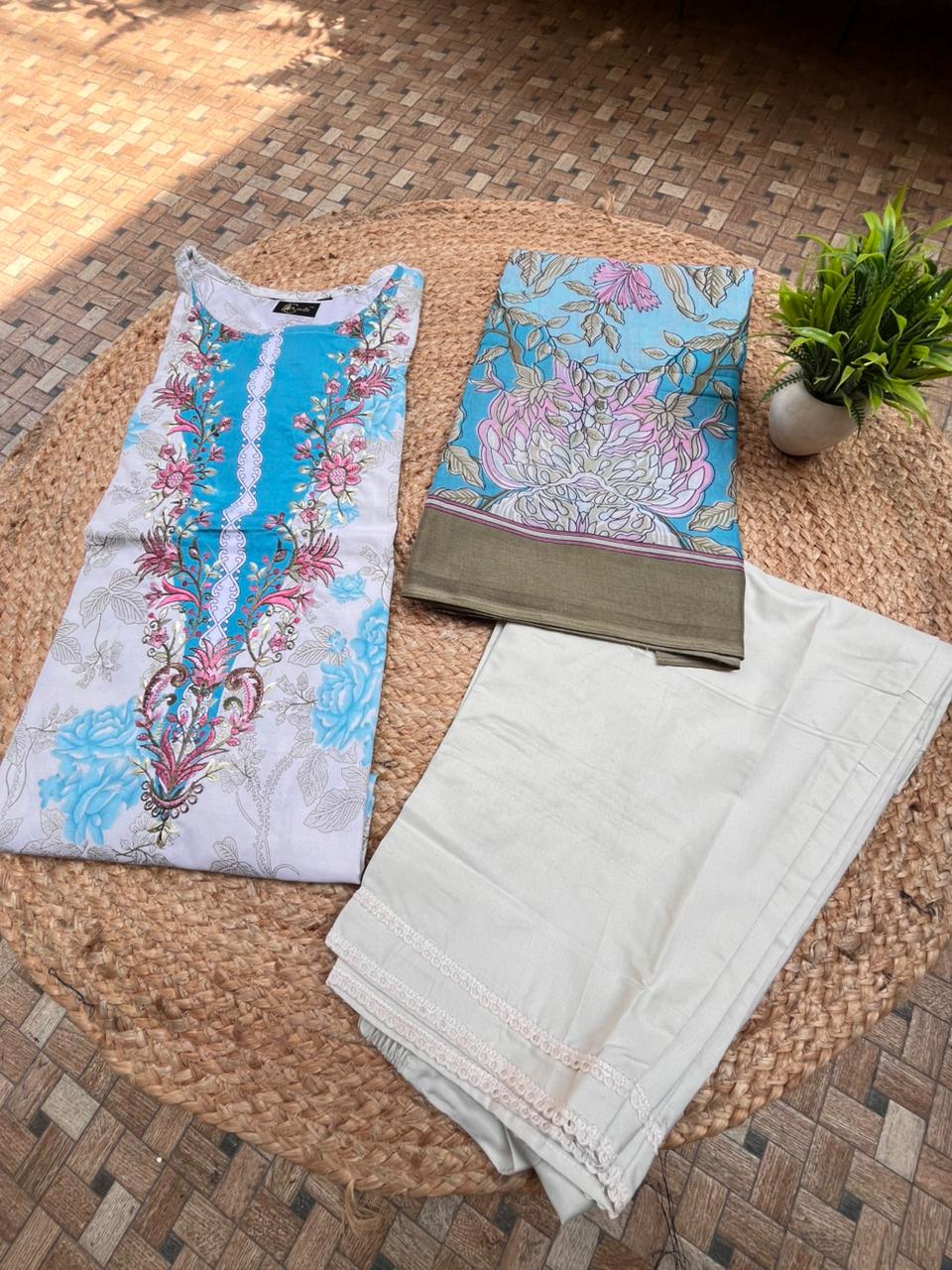 Cream & Sky Blue  Cotton Embroidered Dupatta Set