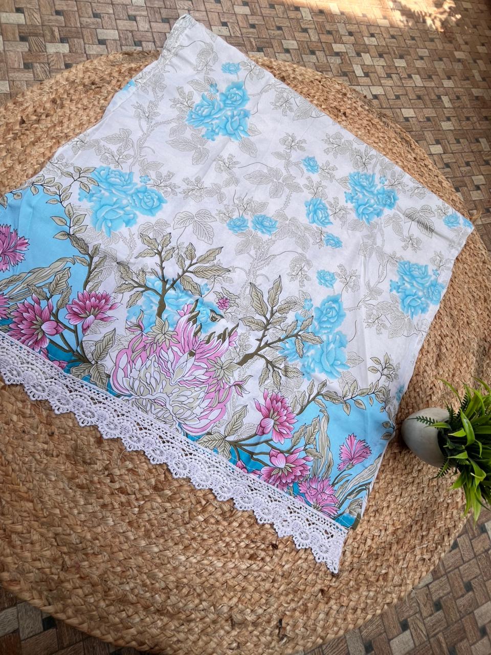 Cream & Sky Blue  Cotton Embroidered Dupatta Set