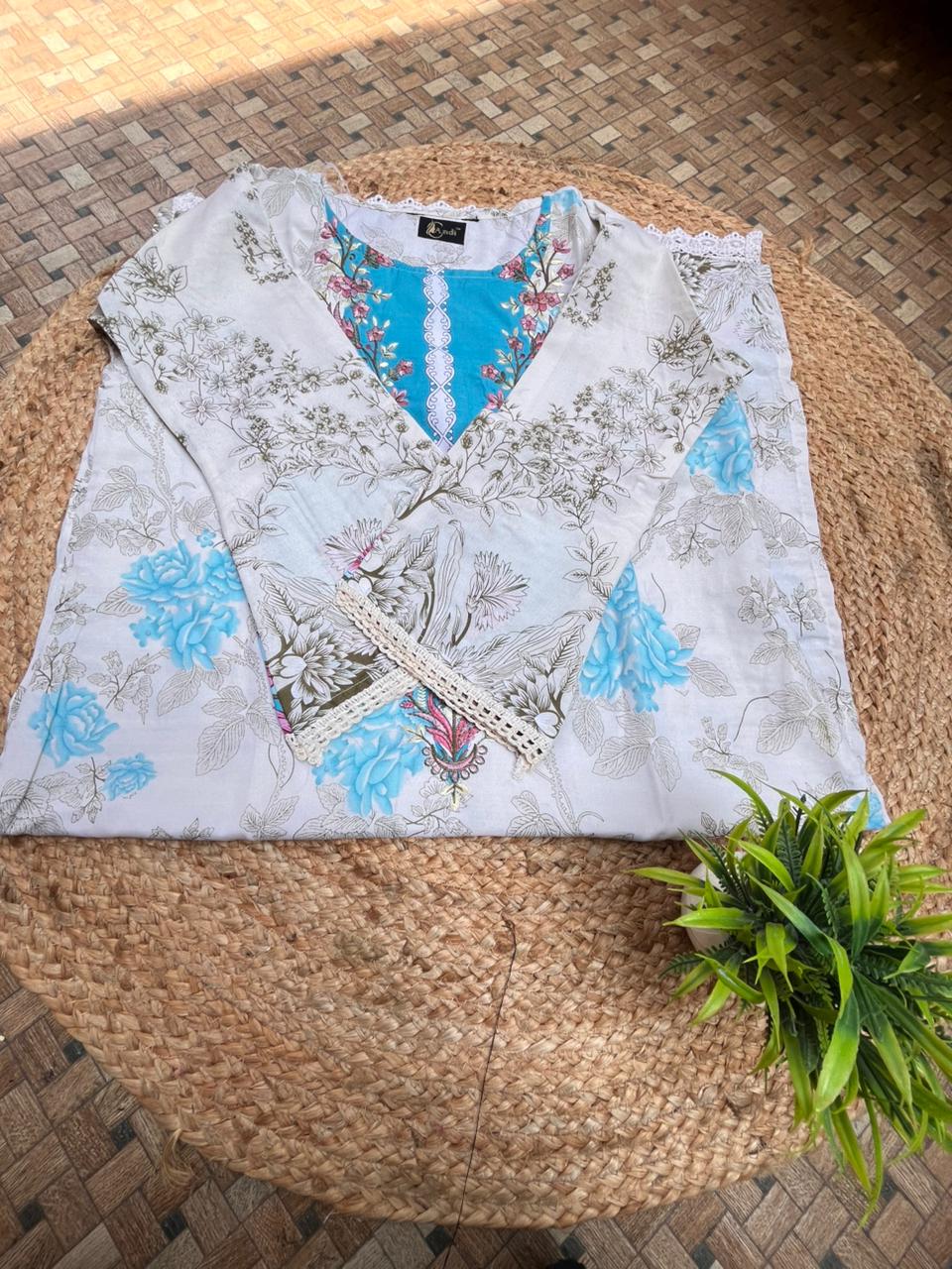 Cream & Sky Blue  Cotton Embroidered Dupatta Set