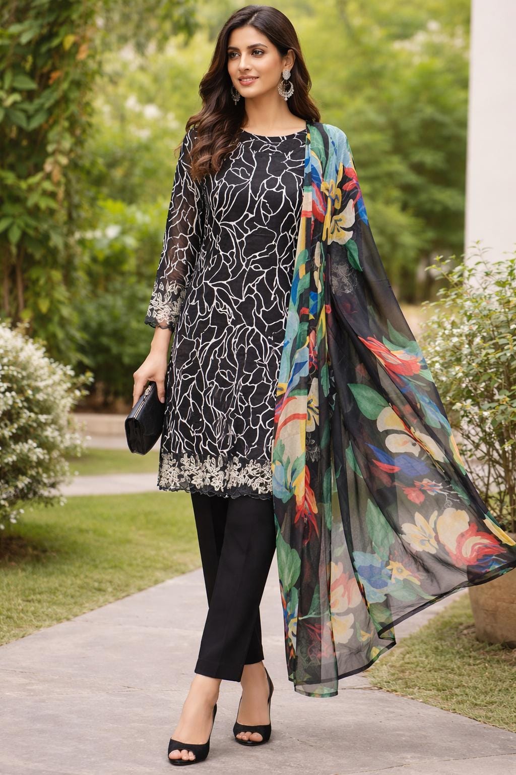 Black Embroidery Kurti Pant Dupatta Set