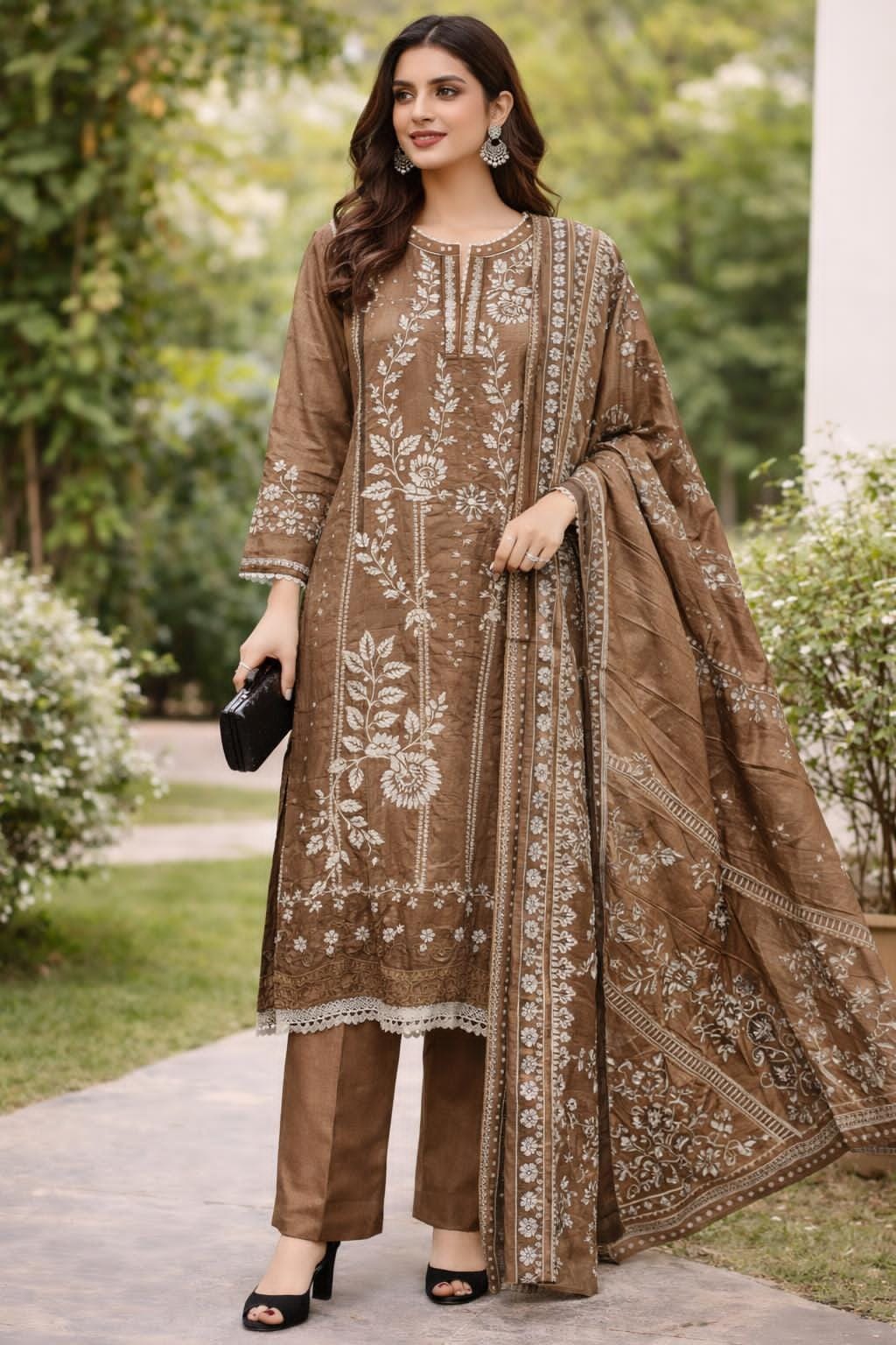 Brown Digital Printed Cotton lawn set
