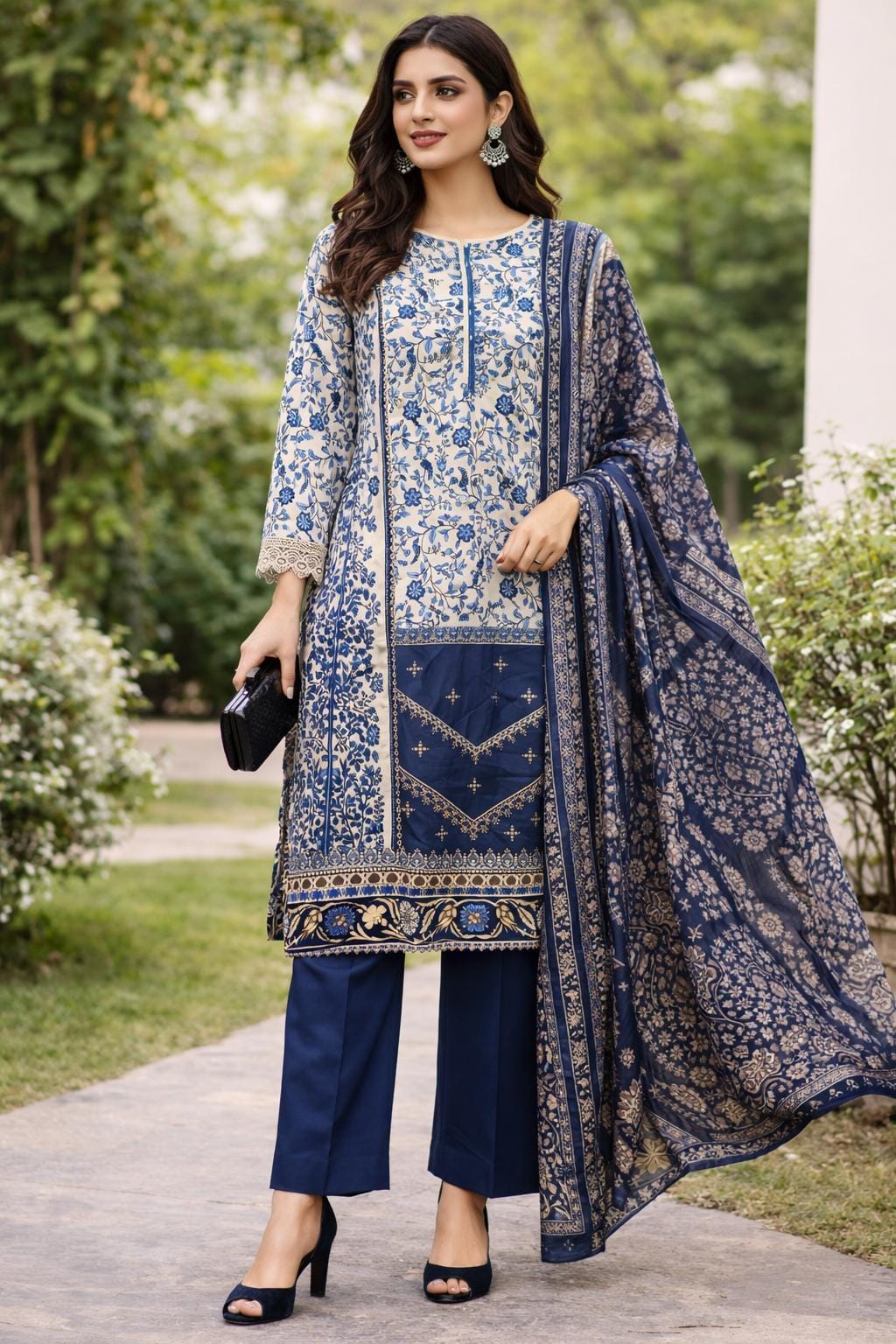 Cream & Blue Digital Print Kurti Pant Dupatta Set